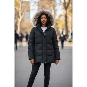 Jones New York Puffer Coat Women 8 Black Hooded Jacket Faux Fur Trim